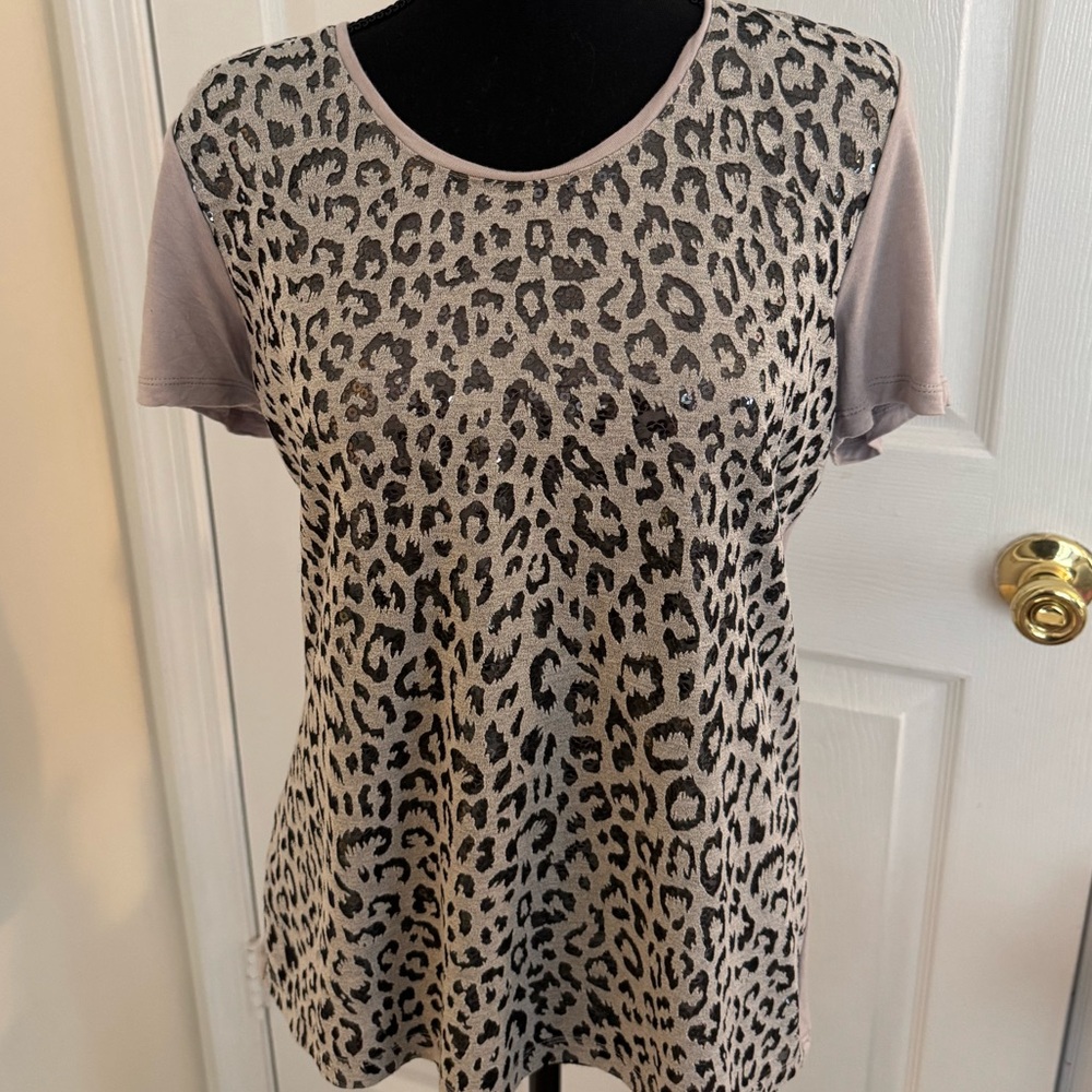Loft Leopard Print Sequin Underlay Top, Medium Gray/Black
